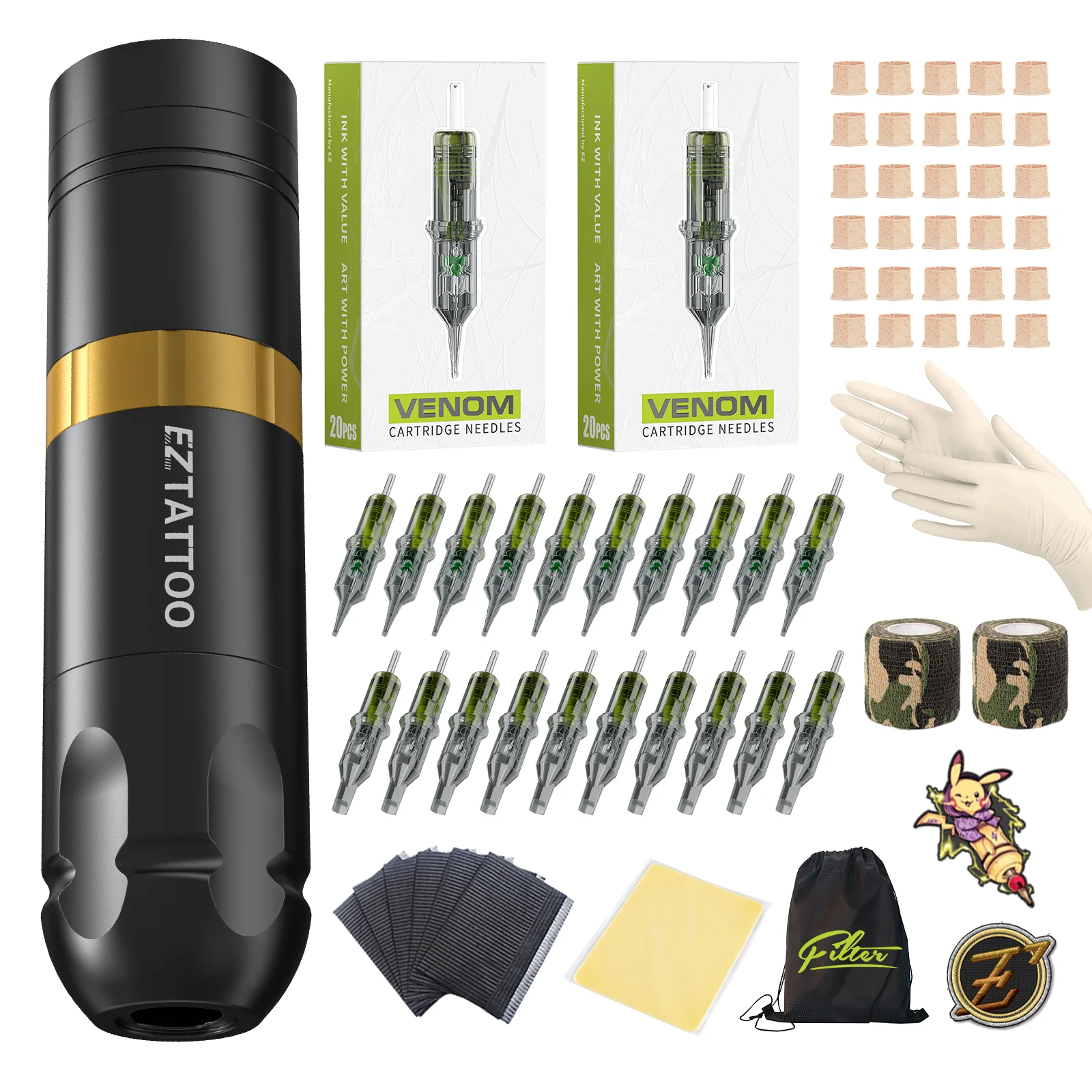 ezキャスターワイヤレスタトゥーキット、カートリッジタトゥーマシンペン、40個のカートリッジタトゥーニードル付き、タトゥー、パーマネントメイク用