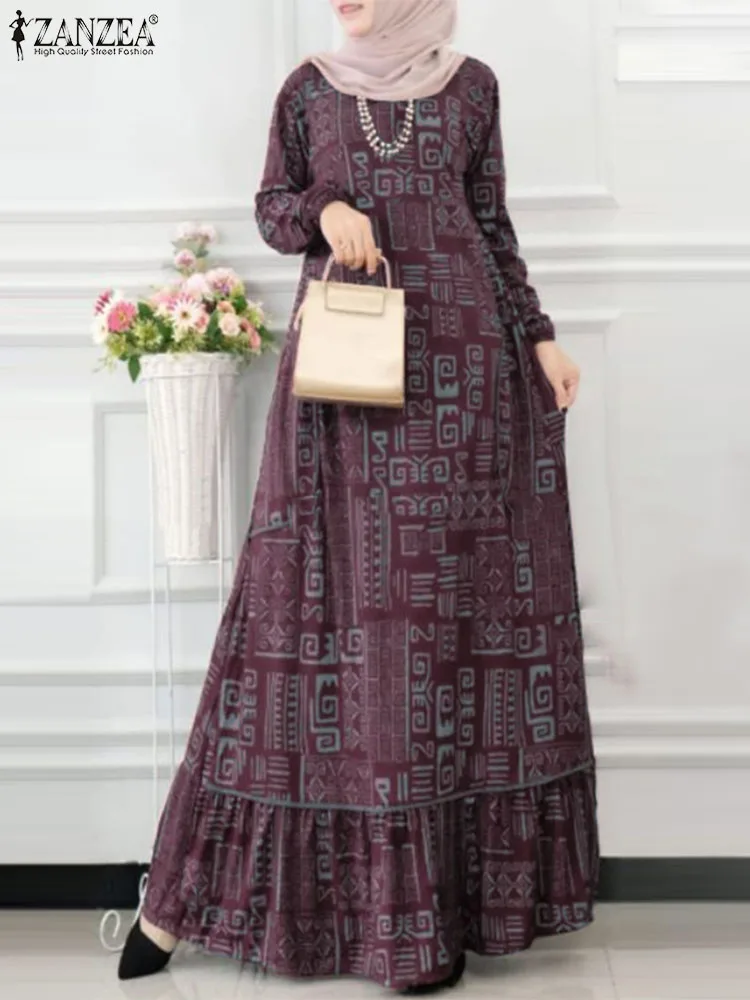 ZANZEA Vintage Print Muslim Women Long Dresses Casual Loose O Neck Long Sleeve Ruffled Hem Abaya Robes Elegant Islamic Vestidos