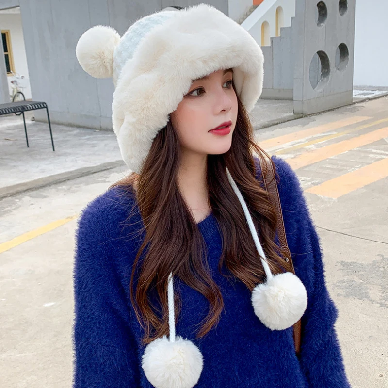 MZ3374 Thick Warm Autumn Winter Hat for Women Cute Fur Pompoms Knitted Beanie Hat Female Fleece Lined Earflap Hat Ladies Beanies