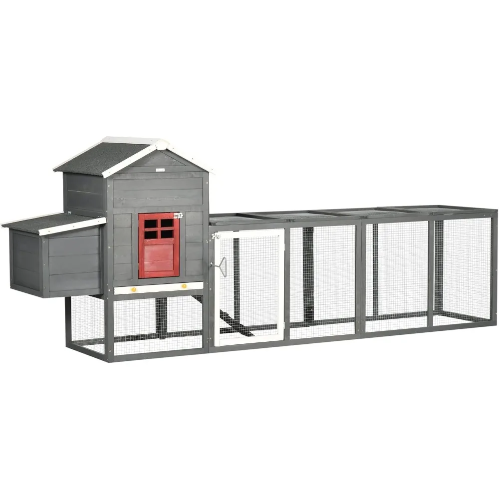 

118" Extra Large Chicken Coop with Asphalt Roof, Wooden Hen Run with Slide-Out Tray and Nesting Box, Chicken Hutch