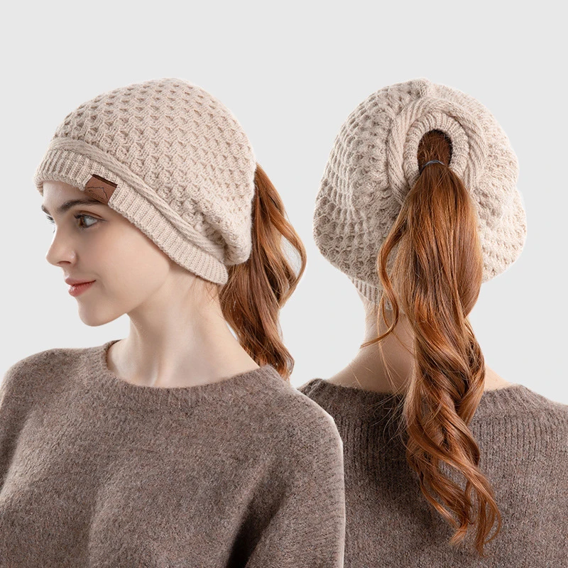 Trendy Winter Warm Ear Protection Hoodie Women's Hat Ponytail Hole Knitted Windproof Quick Drying Women's Wool Cap