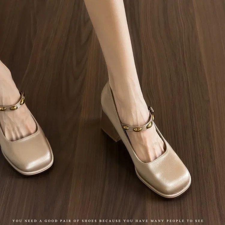 

2026 New Retro Versatile Mary Jane High Heels for Women with Single Strap Buckle, Chunky Heels, Shallow Mouth, Comfortable Shoes