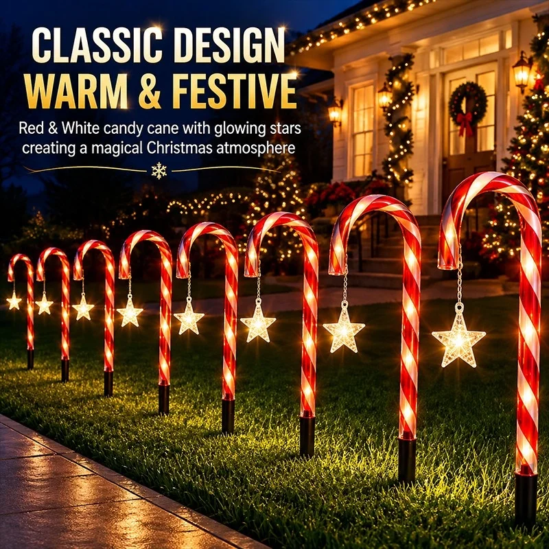 5Pcs Solar-Powered LED Cane-Like Stick Lights Outdoor Candy Lawn Lamp Christmas Party DIY Decoration Light For Garden Lawn