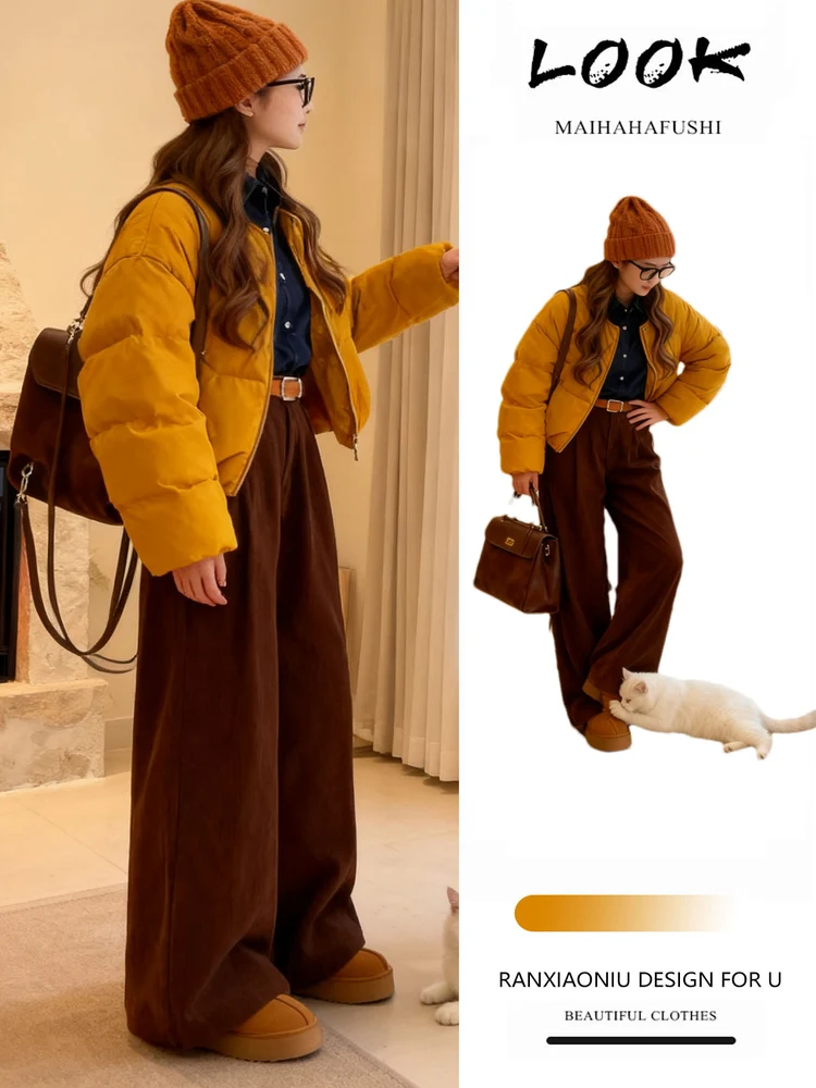 Ensemble Faion d'hiver pour femmes, manteau à pain ajusté, pantalon à jambes larges, taille haute, thermique, longue fermeture éclair, décontracté