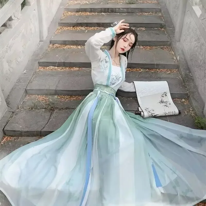 Hanfu Dress Women Chinese Traditional Cosplay Costume Ancient  Gradient Green&Blue Hanfu Dress 2023 Summer Dress Plus Size XL