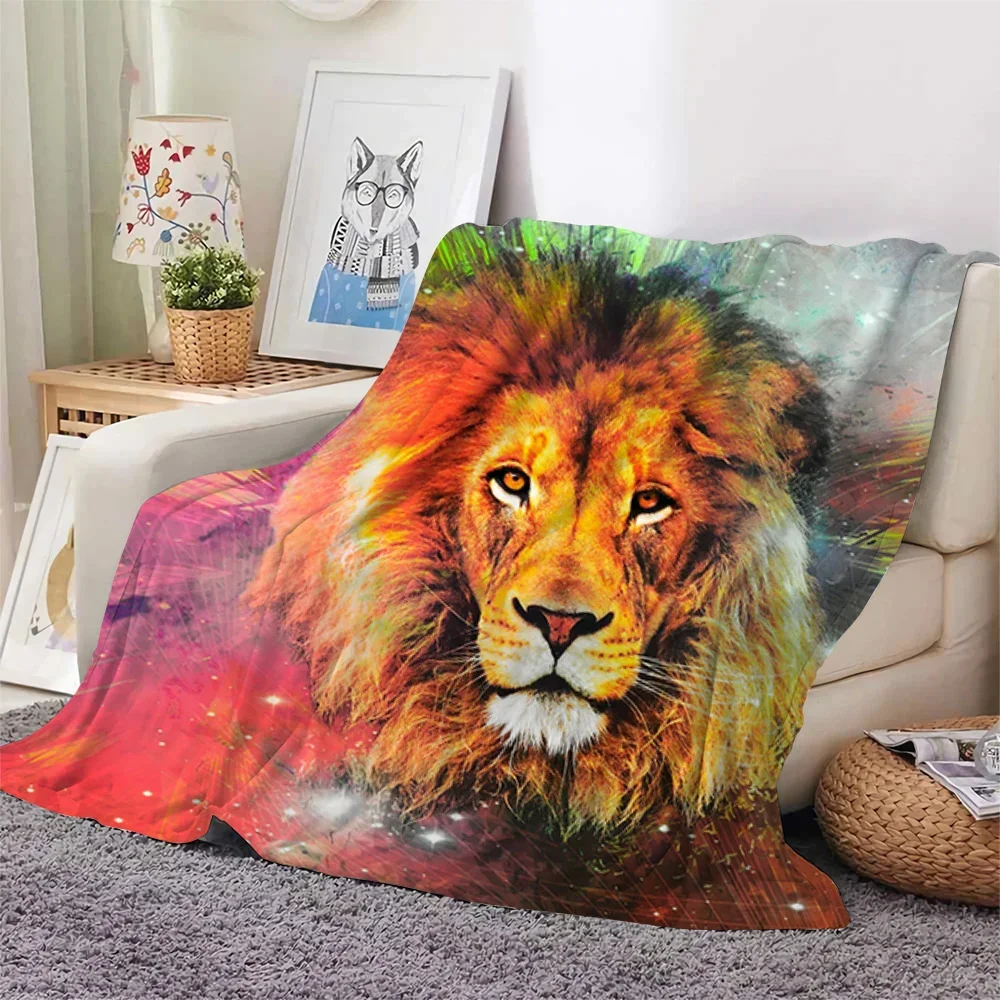 Colourful Lion Pattern Flannel Throw Blanket King Queen Size Super Soft Warm Blanket for Bed Sofa Couch Lightweight Kid Boy Gift