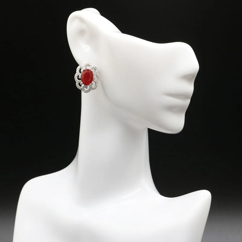 Buy 3 Get 1 Free 18x15mm Delicate Fine Cut Real Red Ruby White CZ Woman's Wedding Silver Earrings