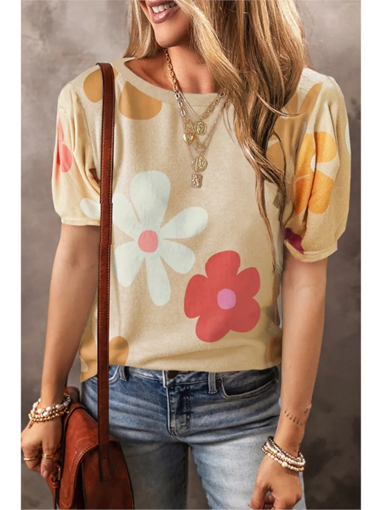 

Colorful Floral Printing Short Sleeves T-Shirt Round Neck Short Sleeves T-Shirt Fashion Casual New Style Women's Clothing Top