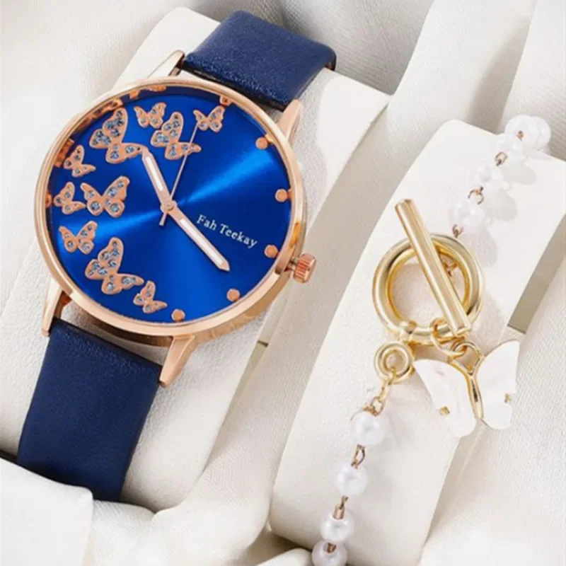 New Simple Casual Women Analog WristWatch Bracelet 2pcs Set Womens Butterfly Watches Ladies Fashion Watch Gift Relógio Feminino