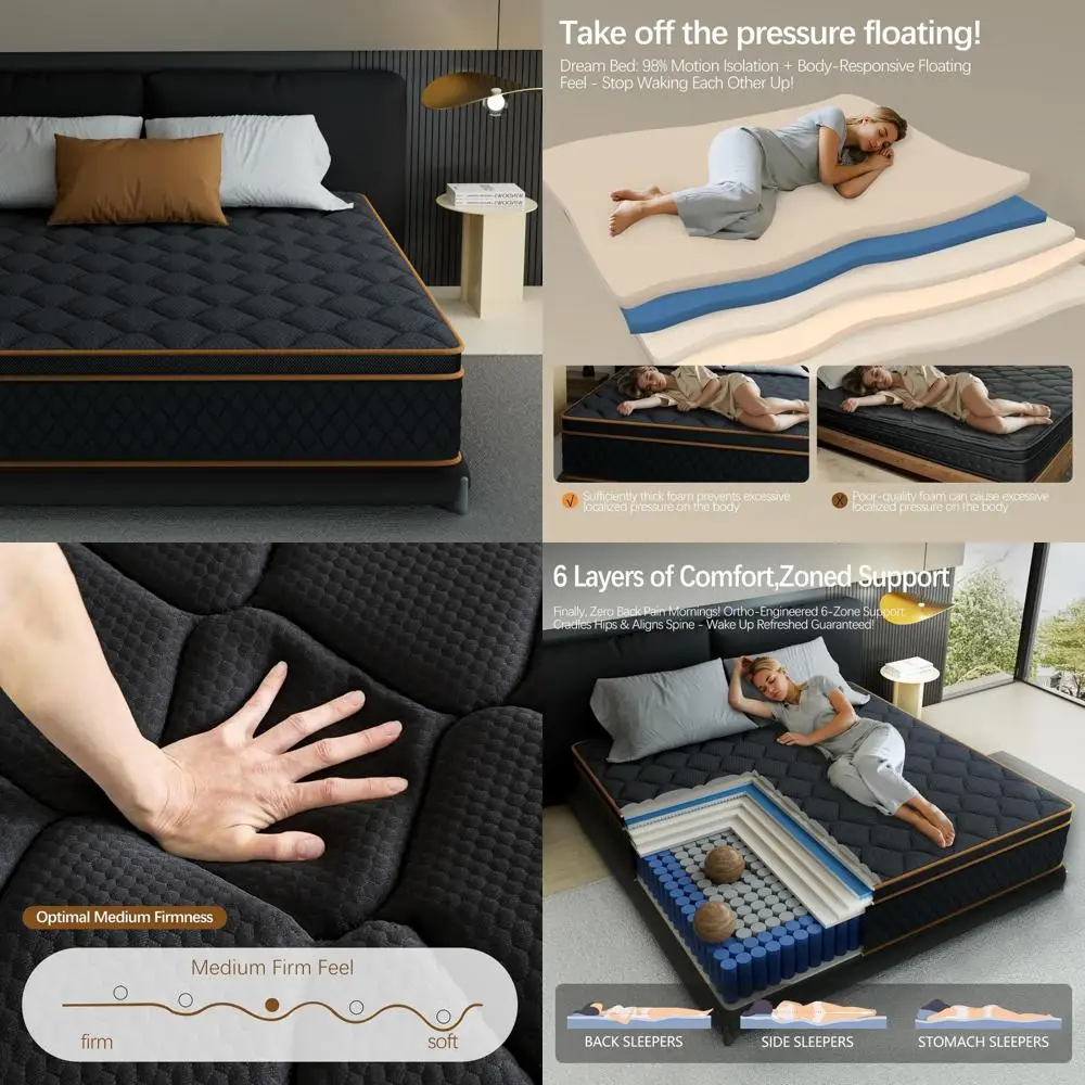 Hybrid Firm Mattress 12 Inch with Pocketed Coils and Cooling Gel Foam for Orthopedic Back Support and Pain Relief