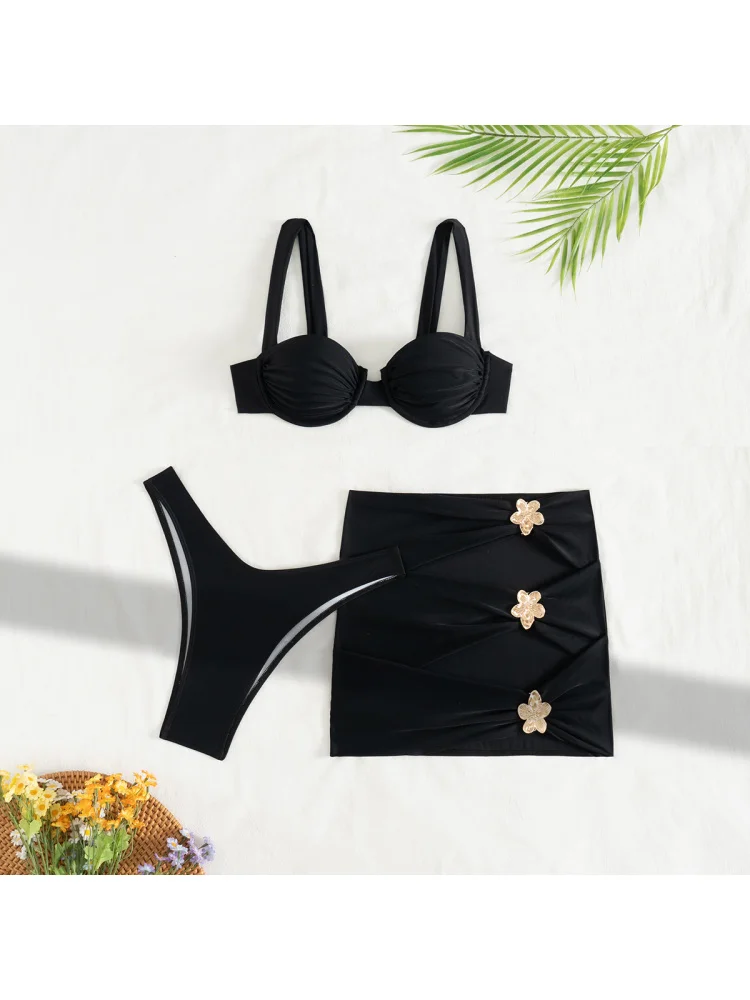 2025New Style Short Skirt Three-Piece Set Two-Piece BikiniswimsuitSolid Color Swimsuit for Women