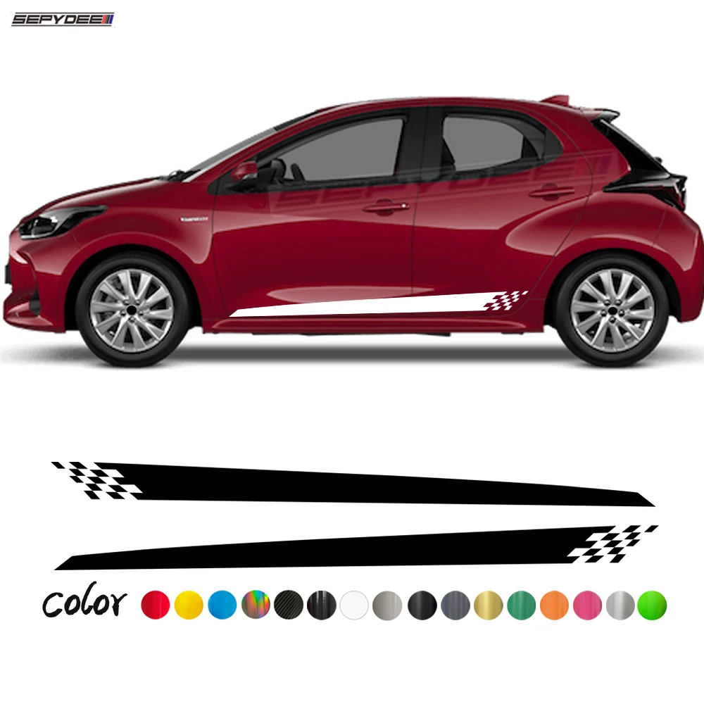 

2Pcs Car Door Side Skirt Stickers Checkered Graphic Auto Body Stripe Kits Decals for Toyota GR Yaris Hatchback Sedan Accessories