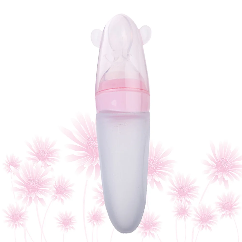 

Pink Silicone Feeding Spoon Baby Squeezing Feeder Easy One Hand Operation Pureed Food Cereal Dispenser Top Class Material Safe