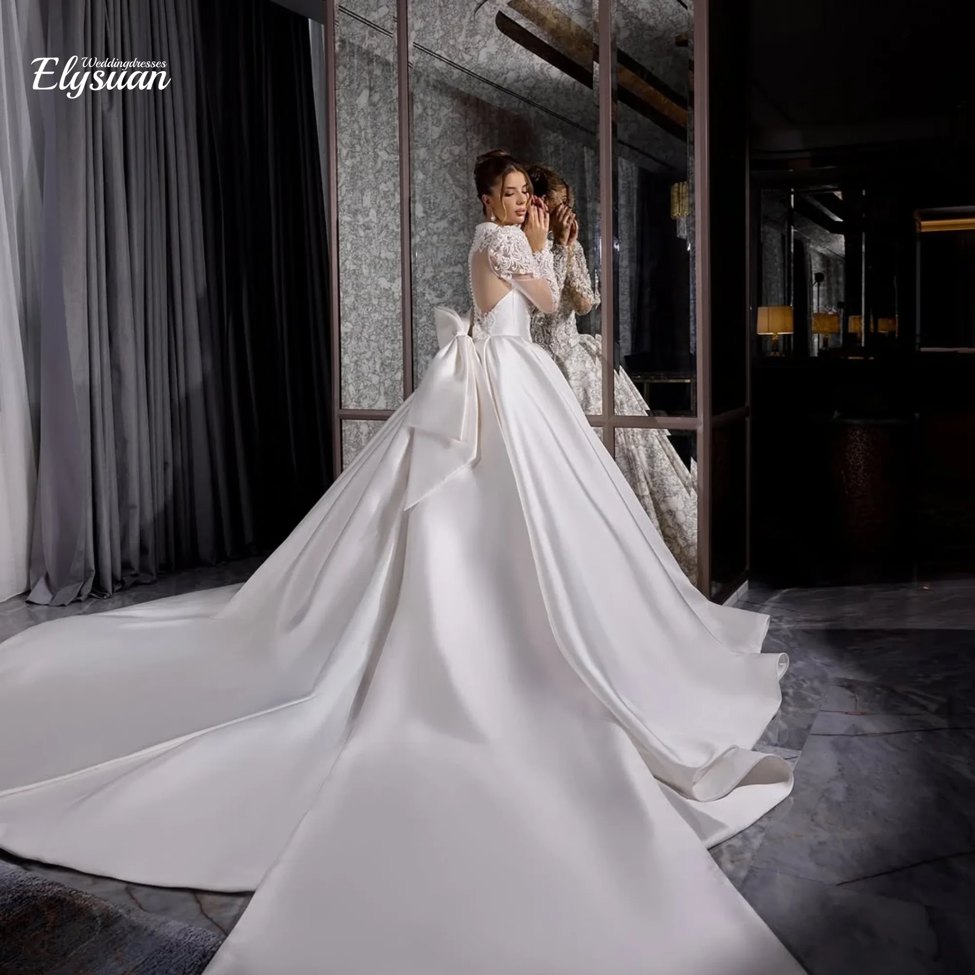 Vestido de fiesta de lujo personalizado, vestidos de novia con cuello en V, mangas largas, apliques de encaje, vestidos de novia con botones en la espalda árabe Vintage de princesa