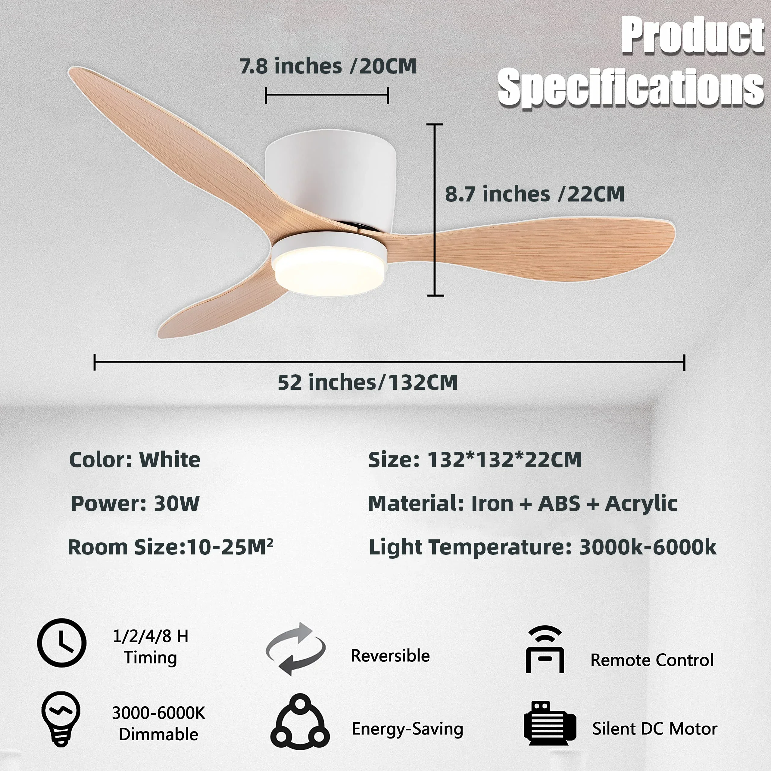 Ventilador de techo con luz LED, Motor de CC, 52 pulgadas, gran volumen de aire, Control remoto, blanco, cocina, dormitorio, comedor, Patio, nuevo