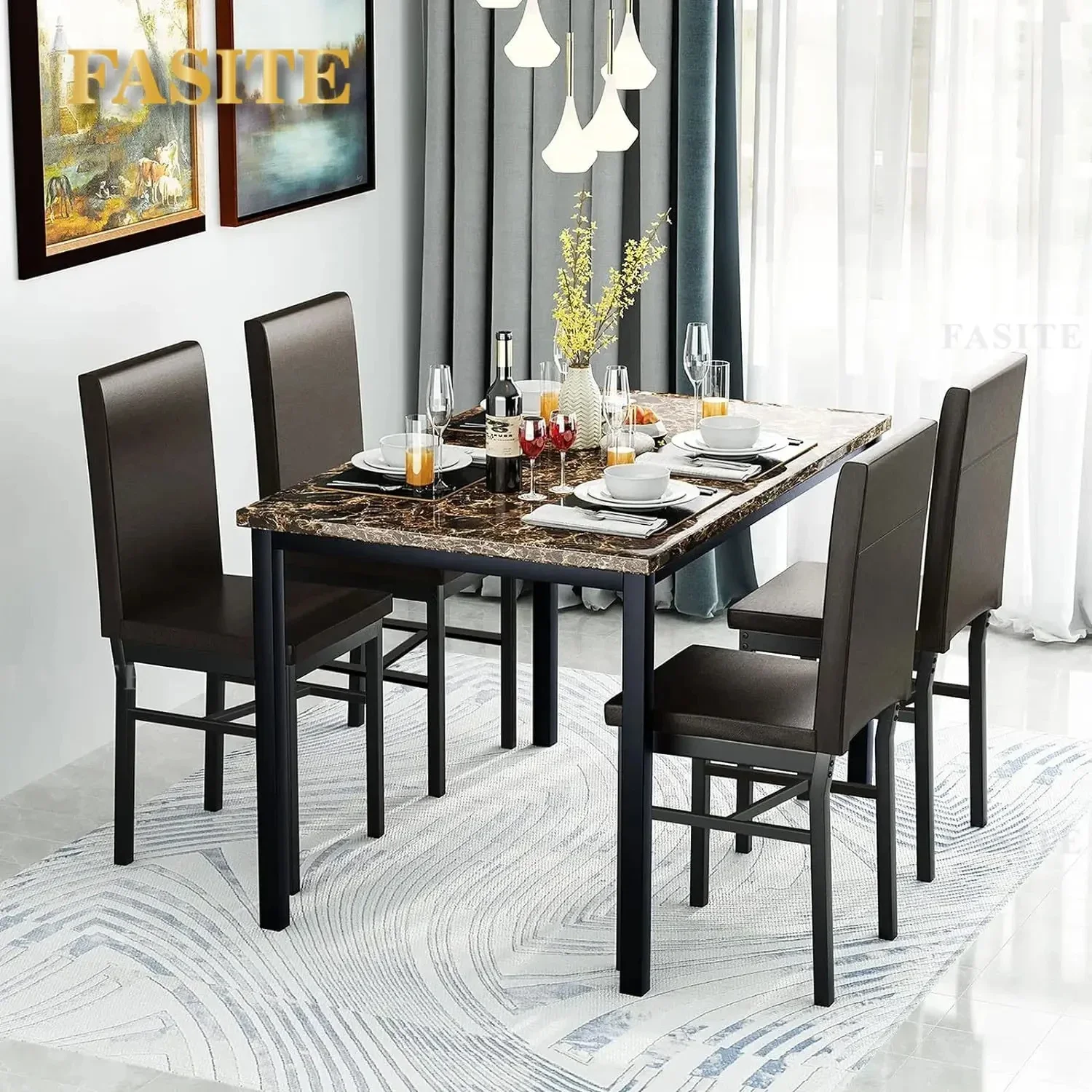 4-piece Dining Table Set 5-piece Artificial Marble Dining Table Set Kitchen Dining Table and Chairs with 4 Leather Cushioned