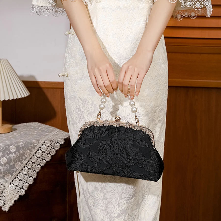 

Chinese style Black jacquard pearl clip handbag women cheongsam banquet party dinner bags luxury crystal small square bag bolsas
