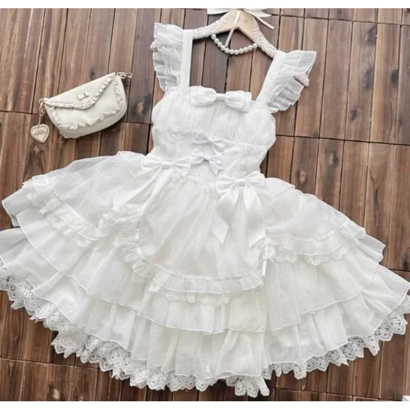 Cyoriginal design novo verão lolita vestido feminino doce flor casamento laço bowknot jsk sling vestido preto e branco princesa 202