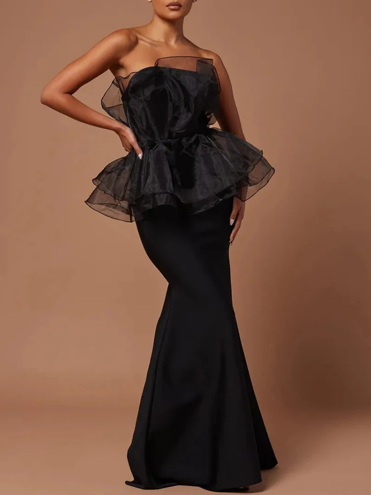 VC Black Mesh Strapless Bandage Long Mermaid Dress Ruffled Wasitline Tube Celebrity Cocktail Evening Party Gowns Vestidos