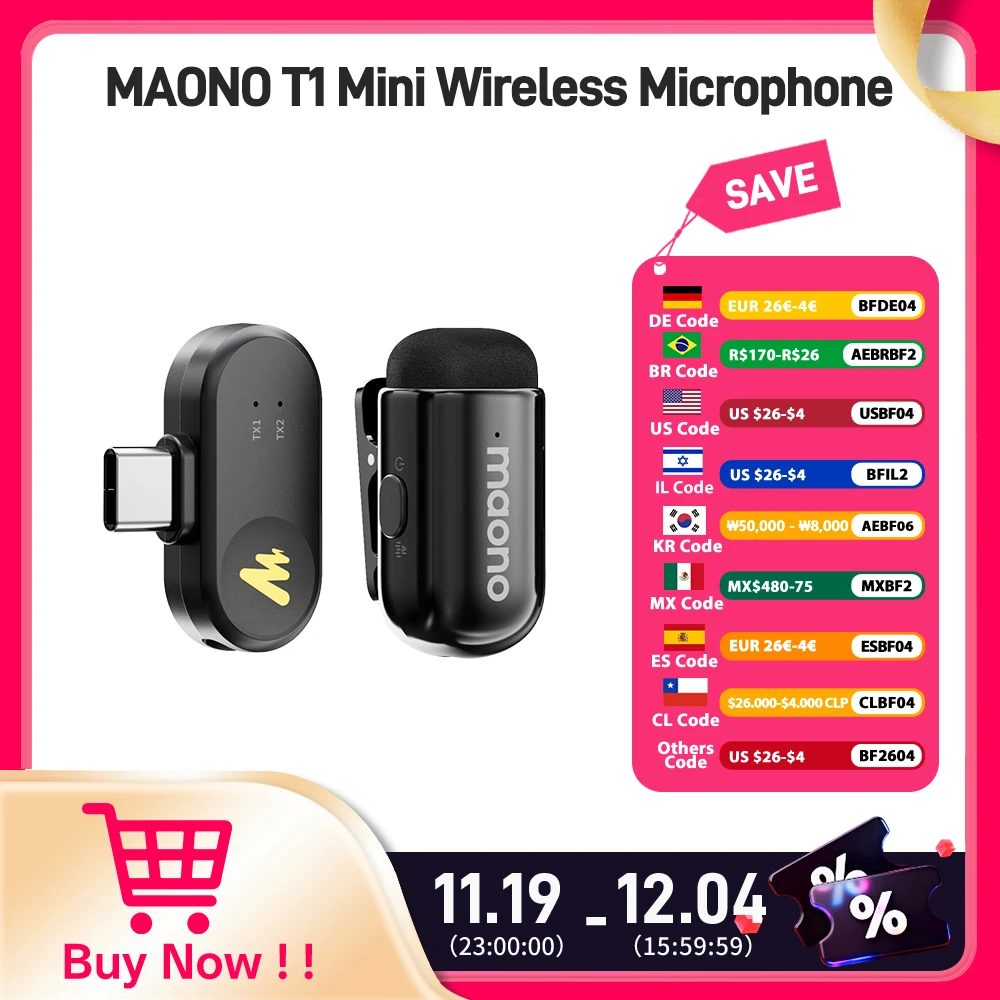 

MAONO T1mini Wireless Lapel Microphonefor iPhone Android Tablet PC with Noise Cancellation App Setting for Audio Video Recording