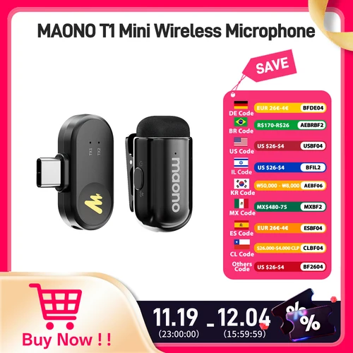 Imagen 1 del producto MAONO T1mini micrófono de solapa inalámbrico para iPhone Android Tablet PC con cancelación de ruido configuración de aplicación para grabación de Audio y vídeo