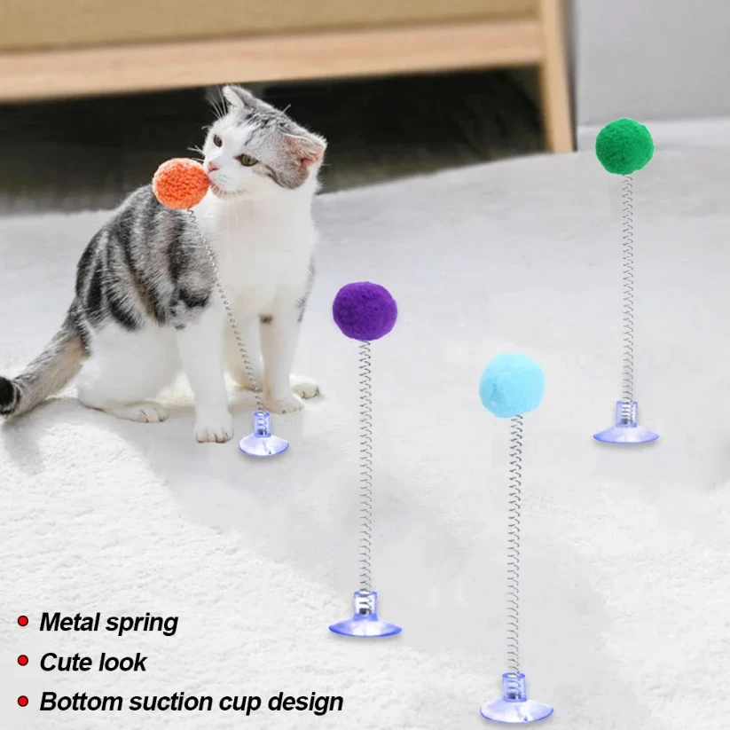 

1pc Fur Ball Spring Cat Toy Suction Cup Multicolored Teaser Wand Pet Interactive Toys Cat Scratcher Toys Supplies Random Color