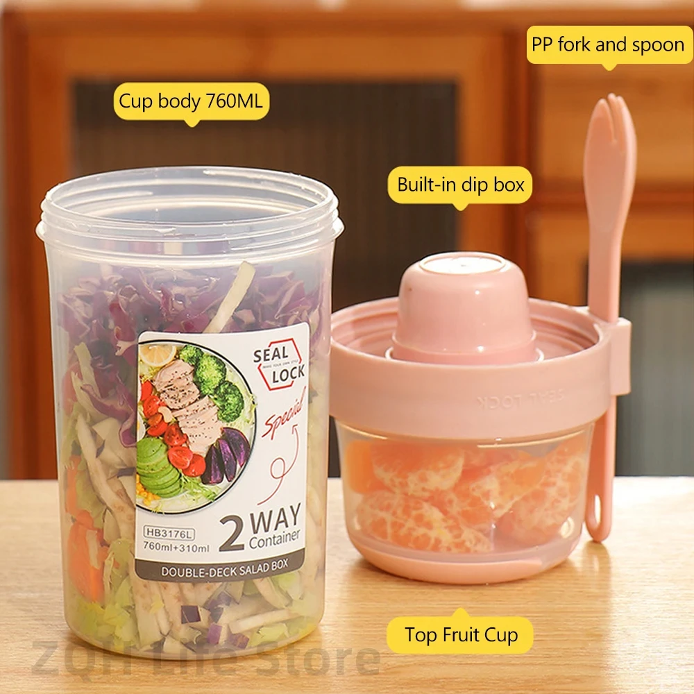 1L Portable Breakfast Cups Oatmeal Cereal Nut Yogurt Salad Cup Container Set with Fork School Lunch Box Food Storage Bento Box