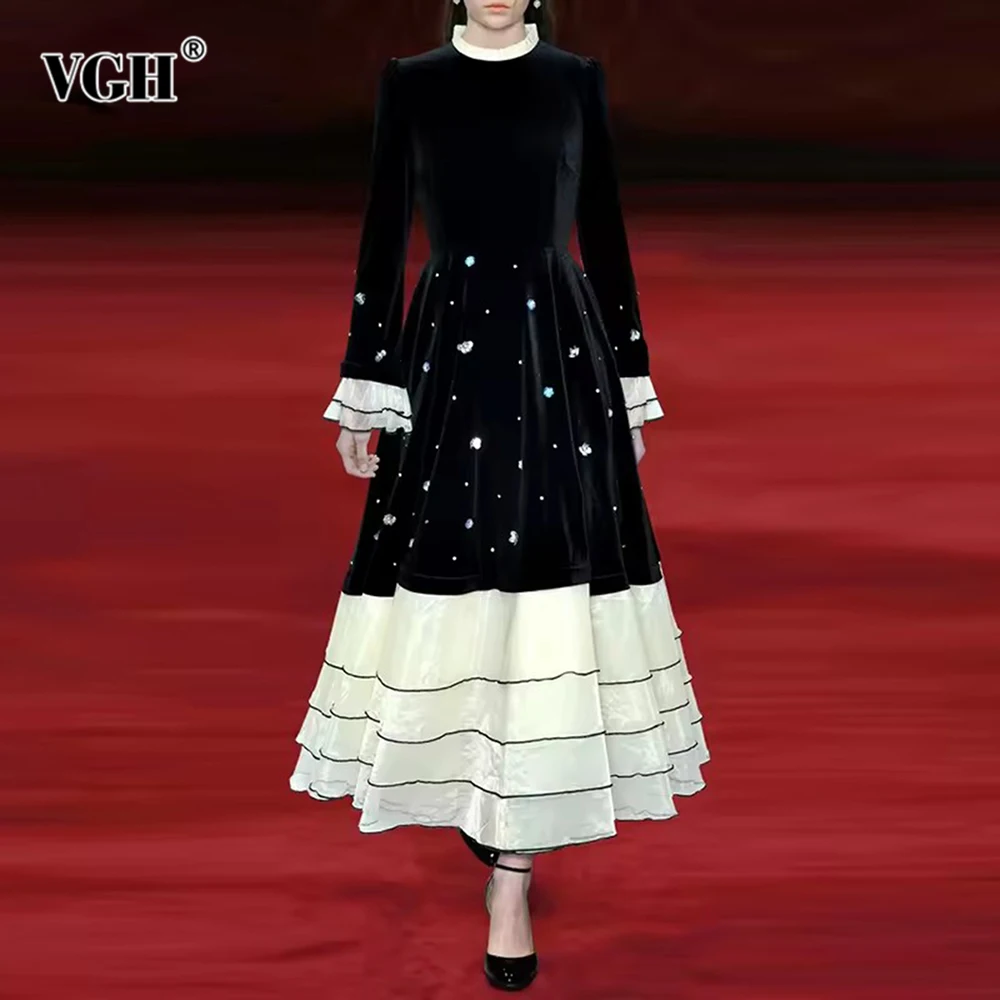 

VGH Hit Color Slimming Princess Dresses For Women Stand Collar Petal Sleeve High Waist Spliced Diamonds Folds Dress Female New