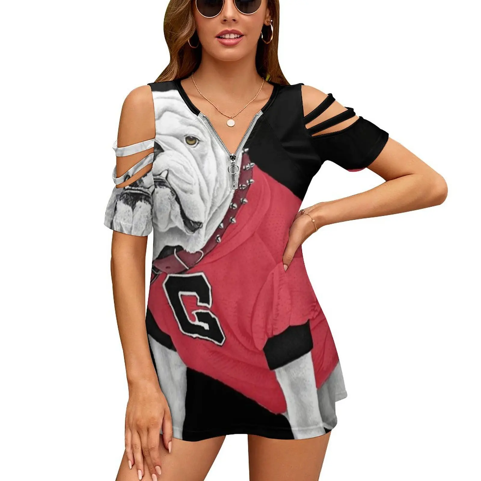 Camiseta Uga X para mujer, camiseta con estampado Floral a la moda con cuello en V y cremallera, jersey hueco, Top para mujer Go Dawgs Georgia Uga Uga X
