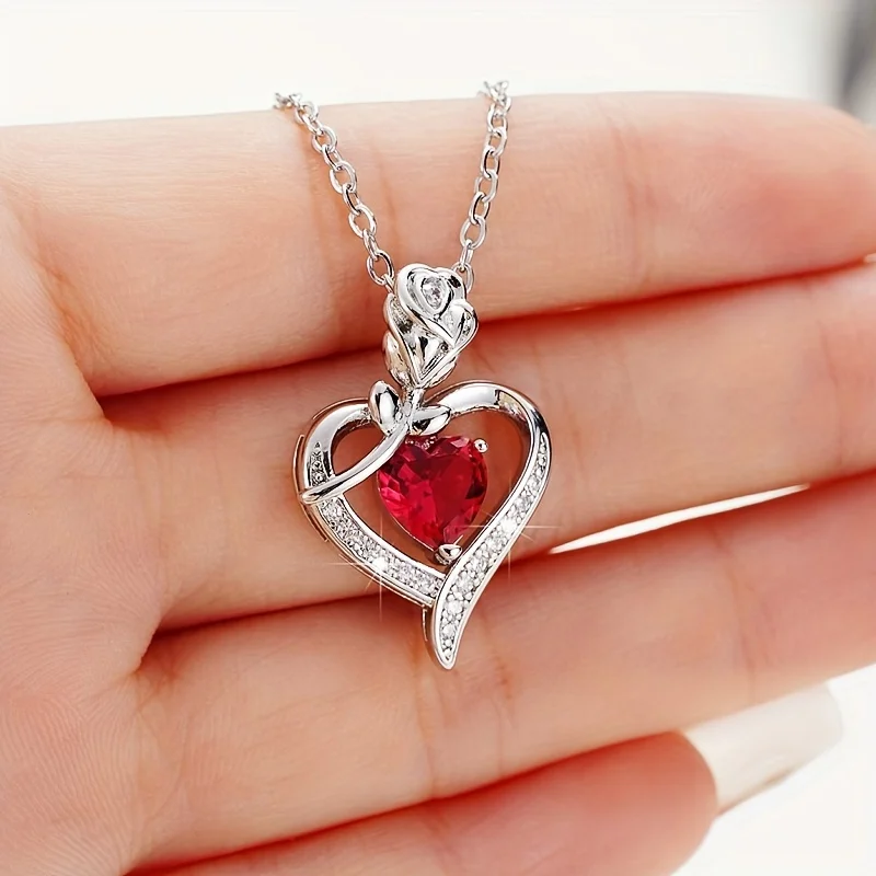 Luxury Red Zircon Heart Necklace With Rose Flower Gift Box For Girlfriend Birthday Valentine Gift 2024 Romantic Accessories