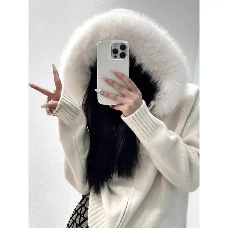 Korean style chic autumn and winter retro temperament loose casual versatile long-sleeved large fur collar hooded knitted jacket