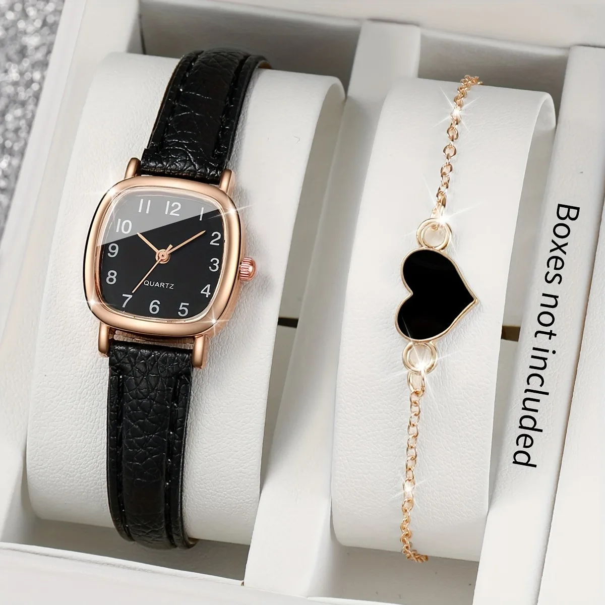 2pcs Women\'s Quartz Watch Simple Square Digital Pu Leather With Love Bracelet