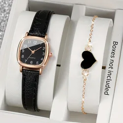 2pcs Women's Quartz Watch Simple Square Digital Pu Leather With Love Bracelet