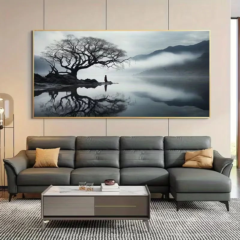 Lake Scene with Lone Tree and Misty Mountain Frameless Painting Modern Canvas Prints Nature Landscape Wall Art for Living Room