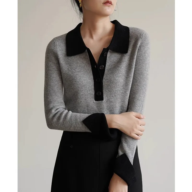 Women Color Block Polo Collar Knit Sweater Long Sleeve Slim Fit Pullover Casual Autumn Winter Layering Tops