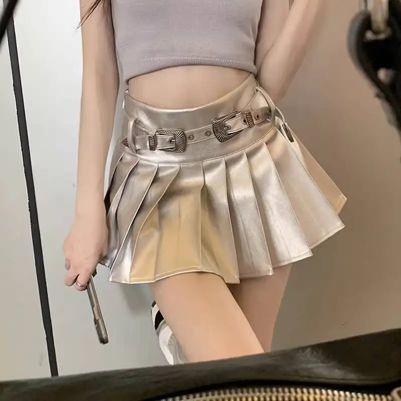 Women's Pleated Skirt 2026 Spring Summer Y2K Girl Silver Pleated Skirt Belt Buckle Niche Versatile A Line Mini Skirt
