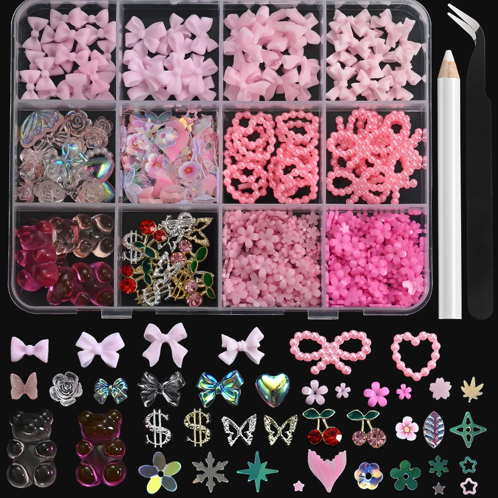 

12Grids Pink Bow Acrylic Flowers Nail Art Charms 3D Mix Resin Pearl Bowknot Cute Bear Nail Parts Butterfly Cherry Alloy Nail Dec