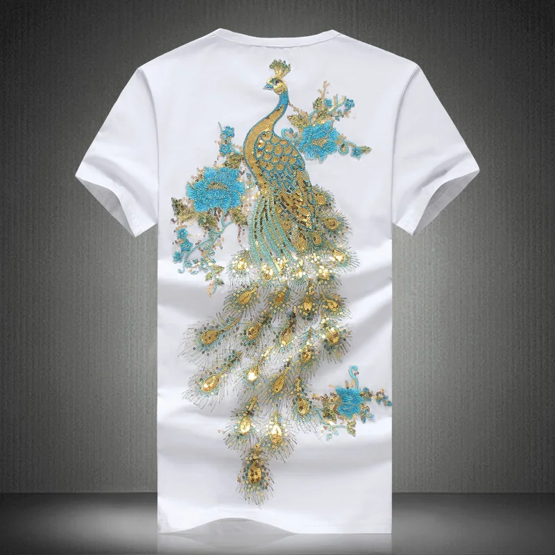 Chinese Style Embroidery Sequins Peacock Short Sleeve T Shirt Men Summer 2023 Quality Cotton Fashion Slim Luxury Camisetas M-5XL