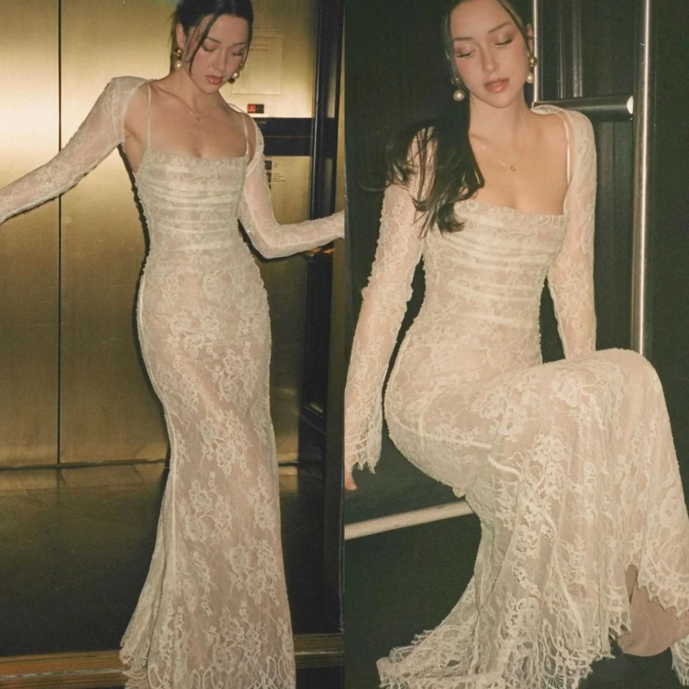 Customized Classic Ivory Lace Evening Dress Exquisite Square Collar Long Sleeves Zipper Back Mermaid Special Occasion Gowns