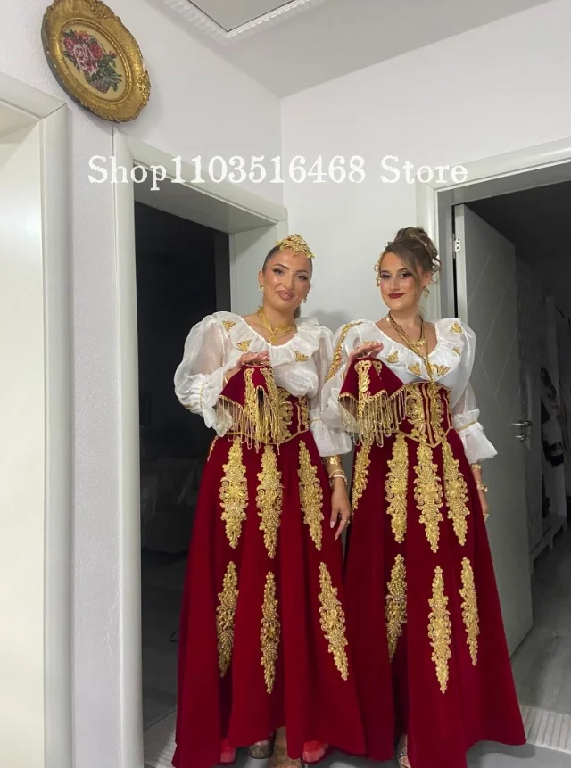 Traditional Red Algerian Wedding Dress Customized A-Line Skirt Gold Appliqué Arabic Bridal Gown Formal Evening Gown Banquet Gown