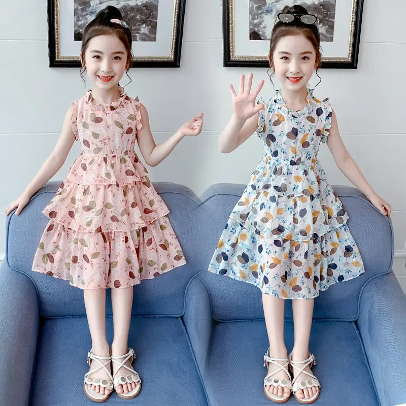 2023 Summer teens Girls Dress Clothes New off shoulder Children floral Pleated lace Kids Wedding mesh leaf 8 9 10 11 12 Years