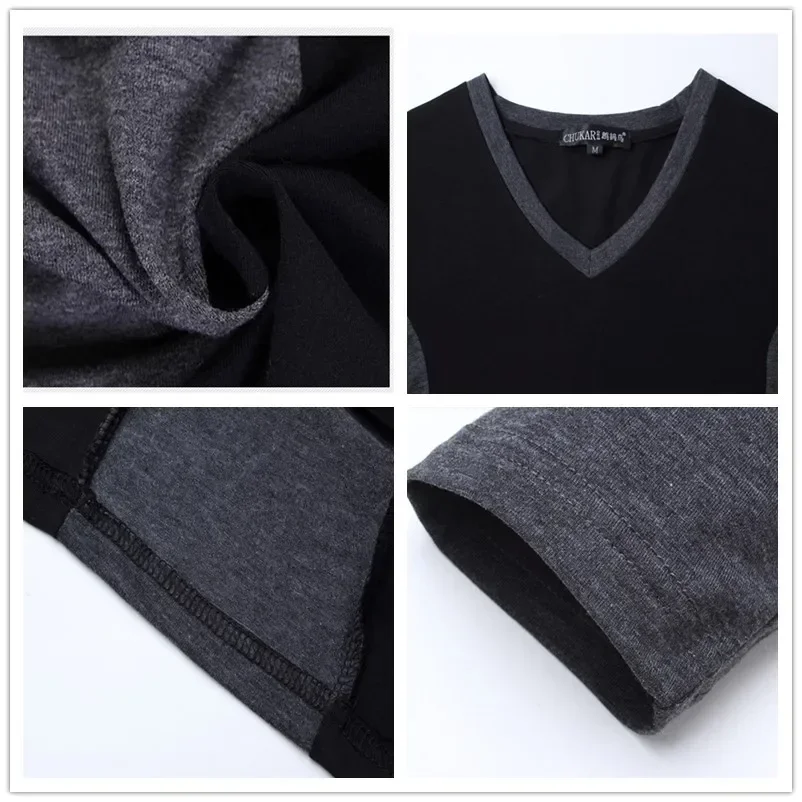 TFETTERS Top Brand Autumn Vintage Men T-shirt Long Sleeve Patchwork Black&gray V Neck T Shirts for Men Teeshirt Plus Size M-5XL