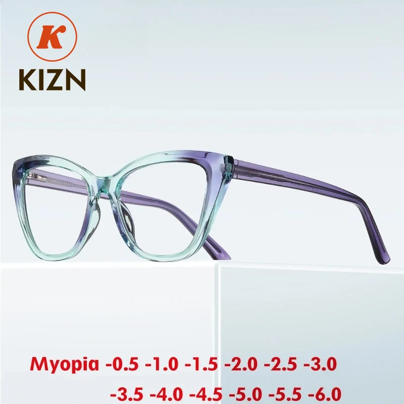

KIZN Cat Eye Myopia Prescription Glasses 2025 Women Discoloration Anti Blue Light Progressive Eyeglasses Frame -0.50 TO -10