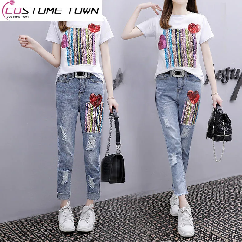 One Piece/Set Summer 2023 New Short Sleeve T-shirt+Perforated Personalized Jeans Two Piece Fashion Korean Set