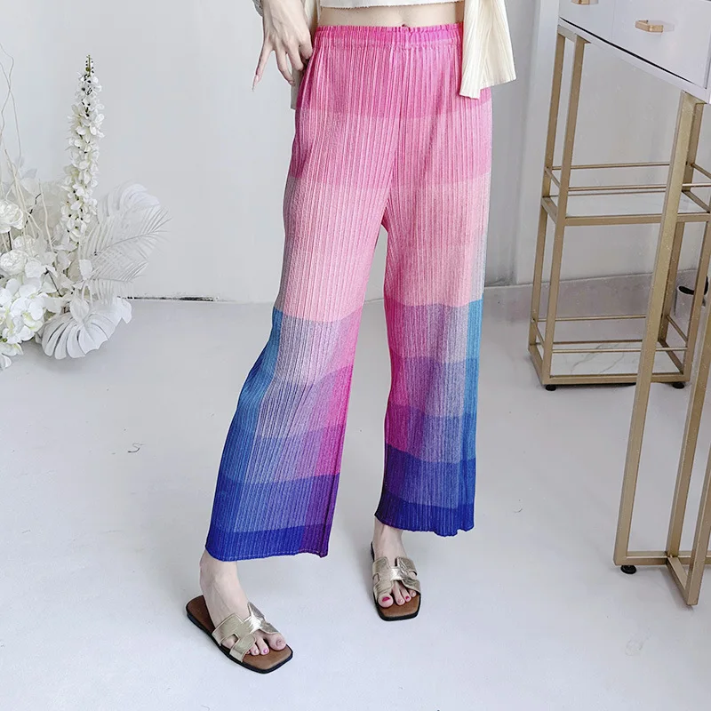 

Miyake Style Pleated Casual Pants 2025 Printed Rainbow Gradient Color Versatile Fashion Simple Straight Pants for Women