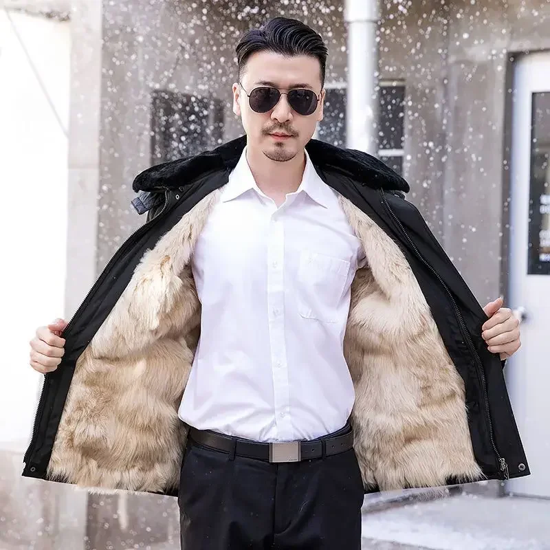 100% Wool Winter Men Fur Coat Fur One Liner Warm Thickened Sheepskin Cotton Coat Long Hair Coat Fur Collar Hooded
