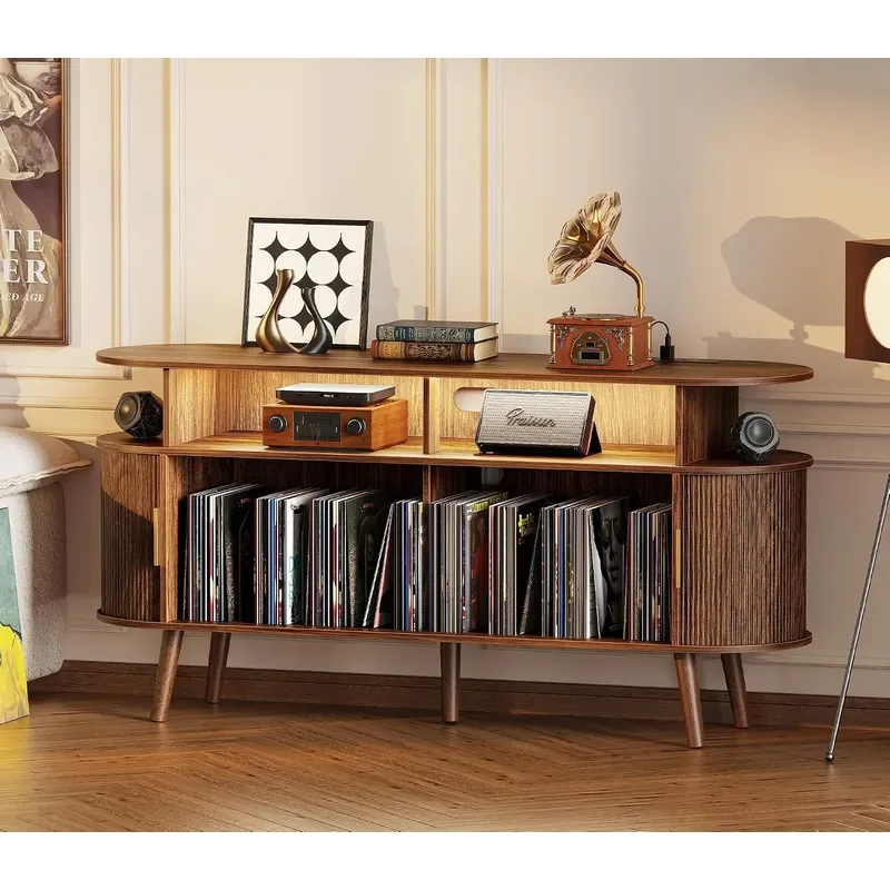 54 Inch Larger Record Player Stand with Power Outlets and 3 Color Lights Vinyl Record Stand with 2 Fluted Cabinets USB C Port