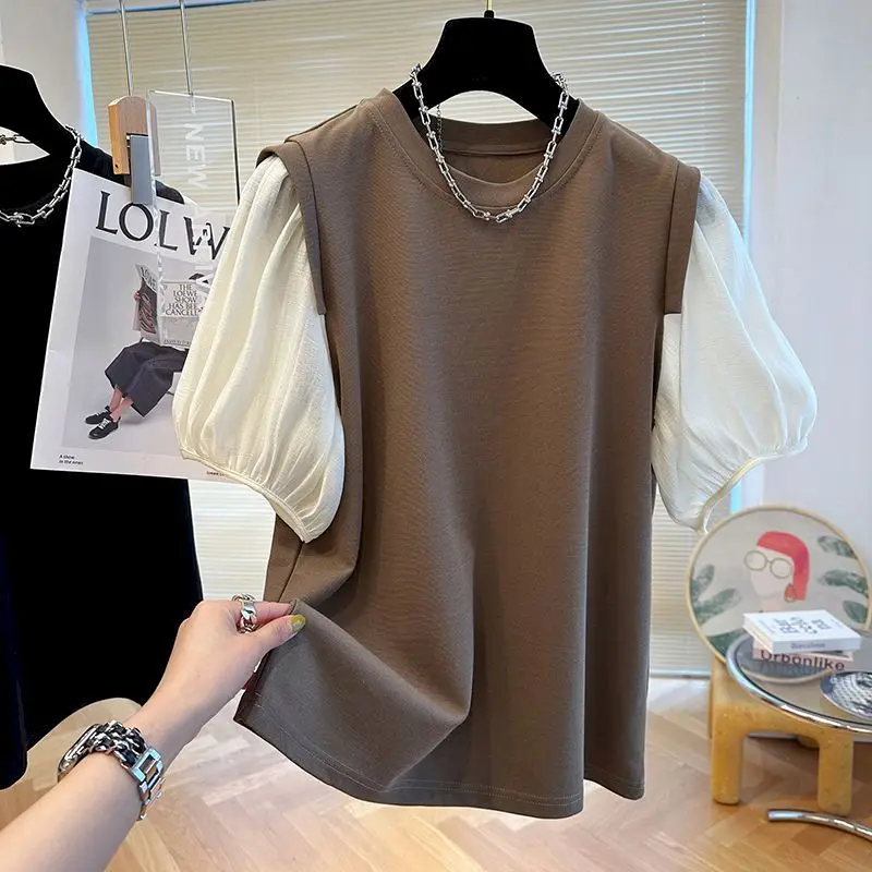 Oversized T Shirts Women Fashion Puff Sleeve Patchwork T-shirt Casual Loose Short Sleeve Tops Summer Trend Thin Tshirt Y2k Top