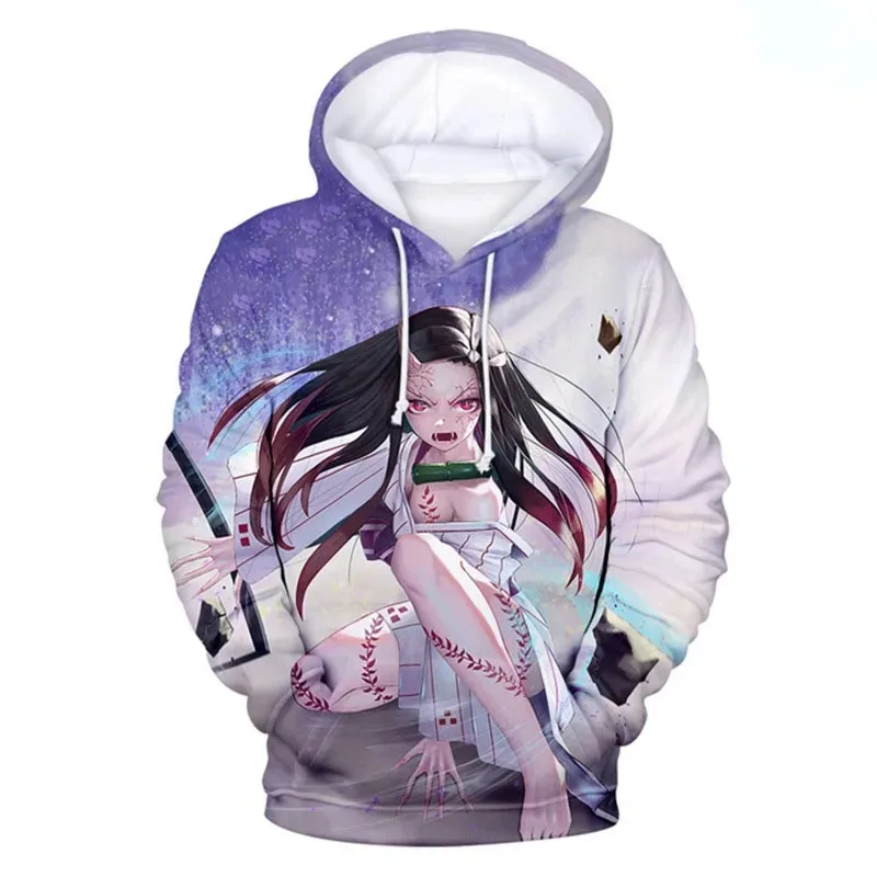 Hoodies de anime para homens e mulheres Kamado Nezuko, tamanho grande, impressão 3D, pulôver com capuz, casual, streetwear com gola redonda, tops