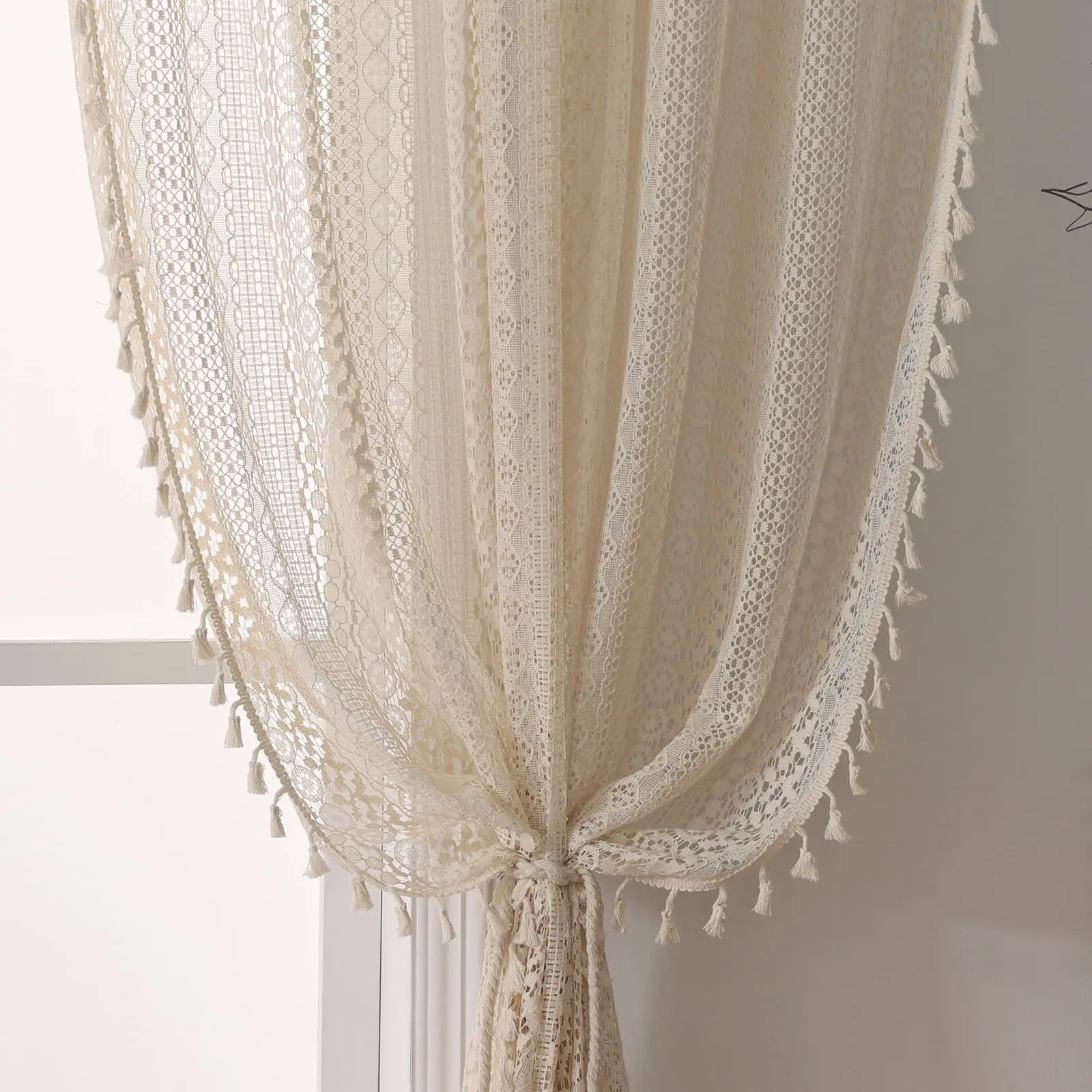 

Boho Curtains Crochet Lace Semi-Sheer Bohemian Hollow Knitted Handmade Tassels, Rod Pocket Vintage Rustic Farmhouse Drapes